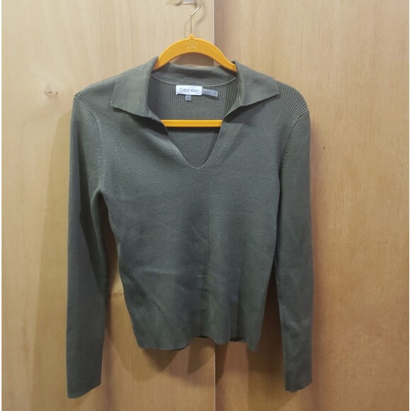 Calvin Klein Green Women's Johnny Collar 
VNeck Lightweight Long Sleeve Sweater - Picture 1 of 5